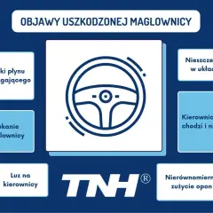 Grafika przedstawia ikonę kierownicy i objawy uszkodzonej maglownicy: wycieki płynu, stukanie, luz, nieszczelność, ciężko chodząca kierownica, nierównomierne zużycie opon.