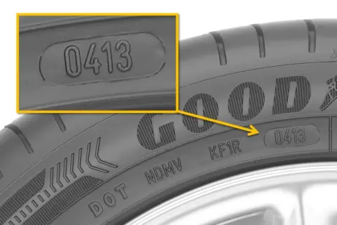 Zbliżenie na oznaczenie DOT na oponie Goodyear, pokazujące datę produkcji 0413.