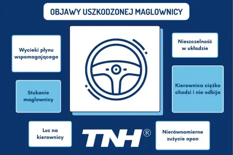 Grafika przedstawia ikonę kierownicy i objawy uszkodzonej maglownicy: wycieki płynu, stukanie, luz, nieszczelność, ciężko chodząca kierownica, nierównomierne zużycie opon.