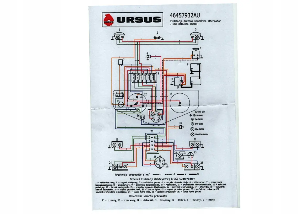 Schemat instalacji elektrycznej Ursus C-360 z alternatorem.
