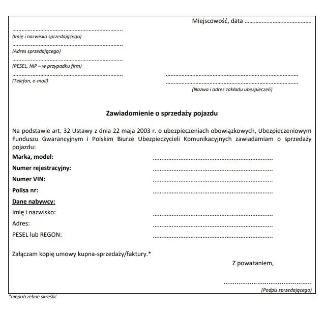dokumenty zgłoszenie sprzedaży ubezpieczyciel