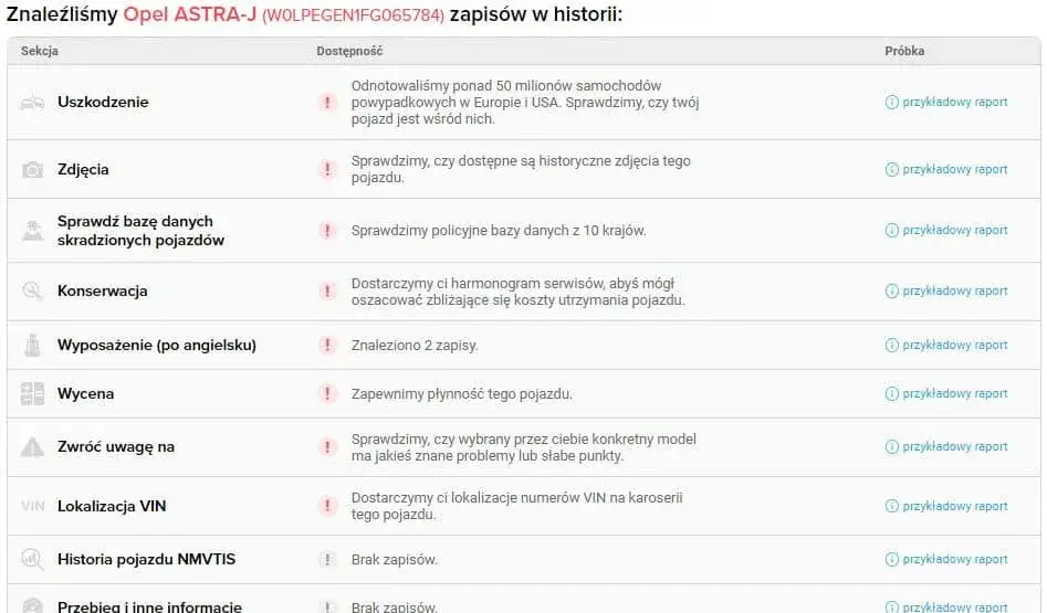 przykładowy raport carvertical historia szkód